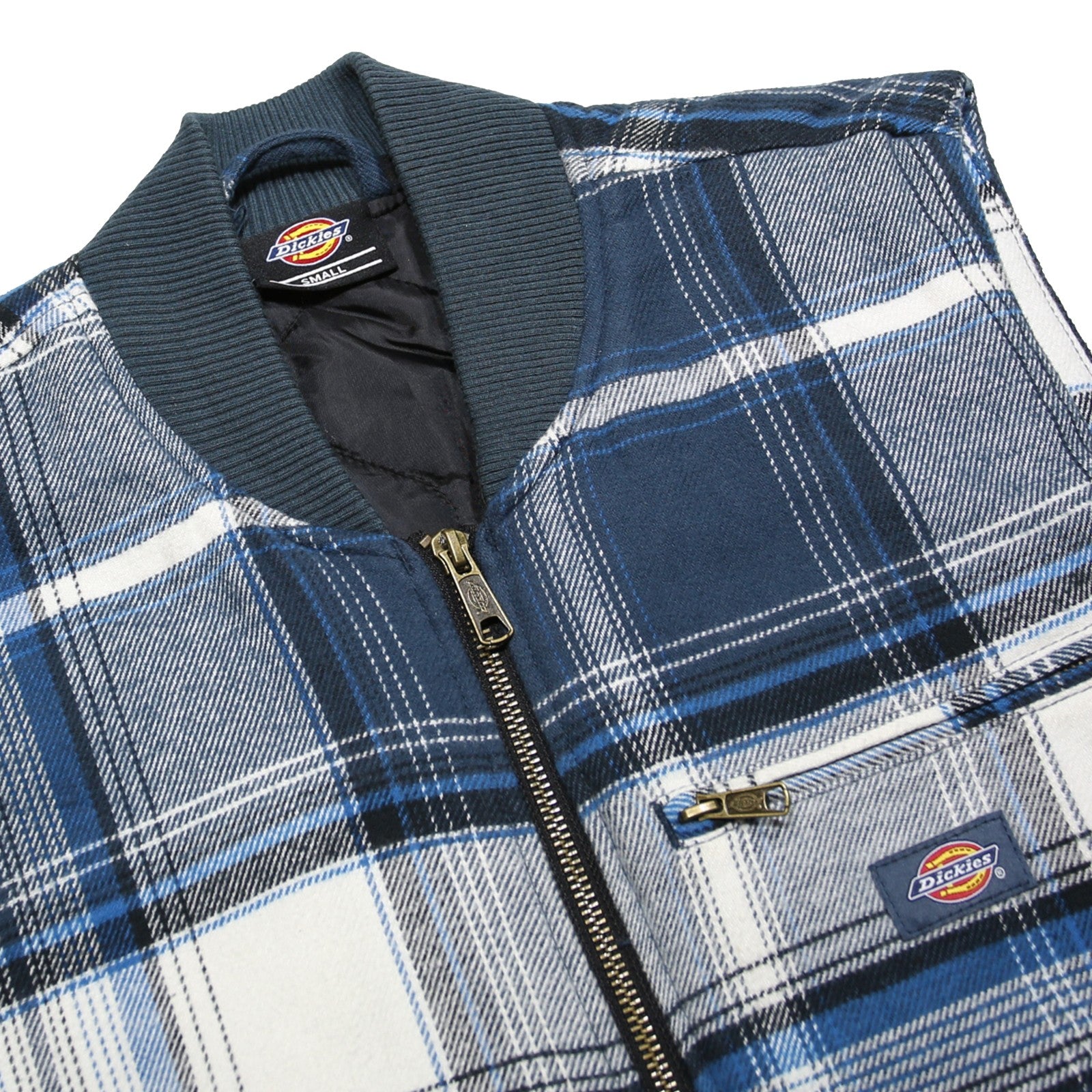 DICKIES Mens Blue & Grey Check Cotton Workwear Zip Jacket S Sleeveless Stand-Up