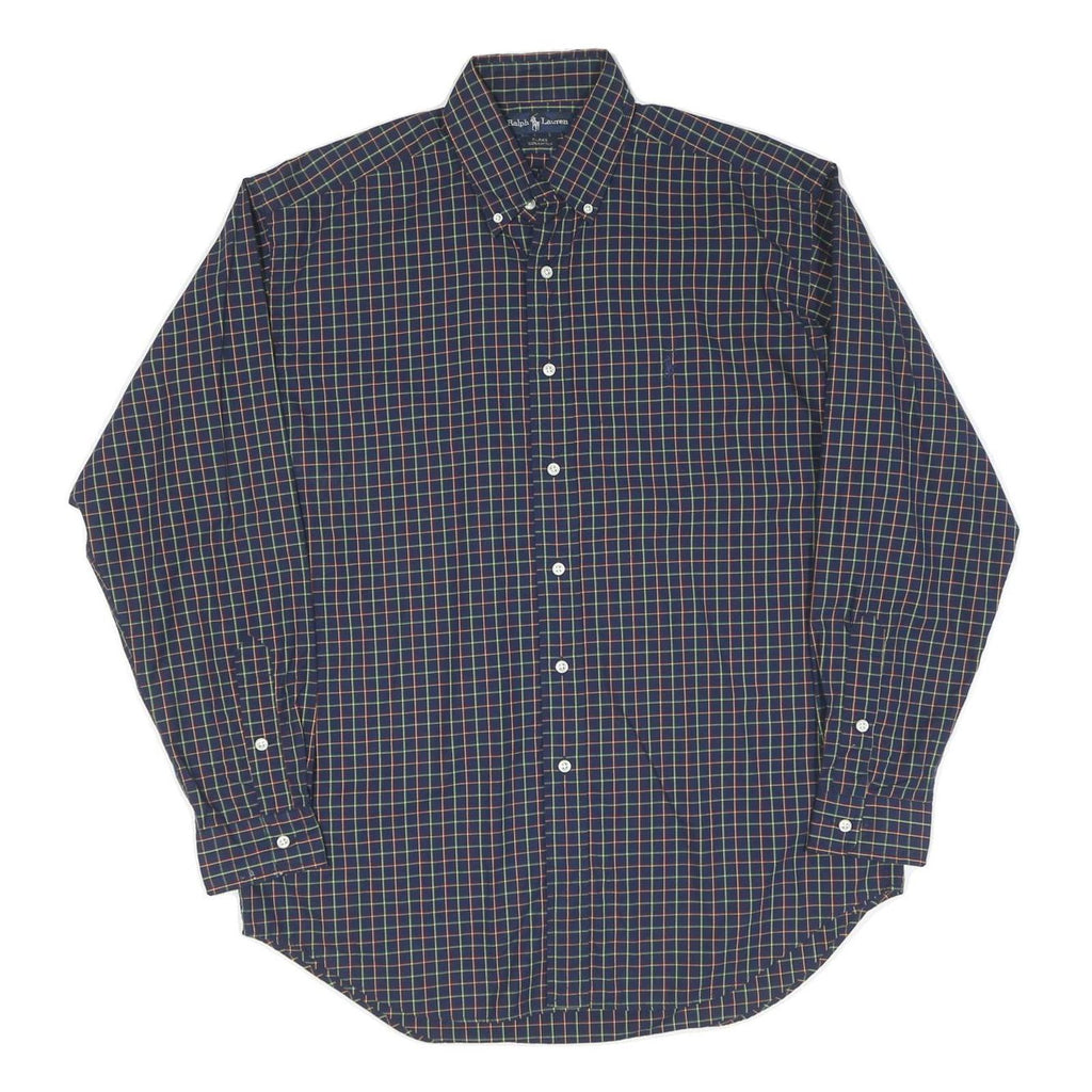 RALPH LAUREN Mens Blue Check Shirt M Button Down Cotton Blend Classic Fit Long