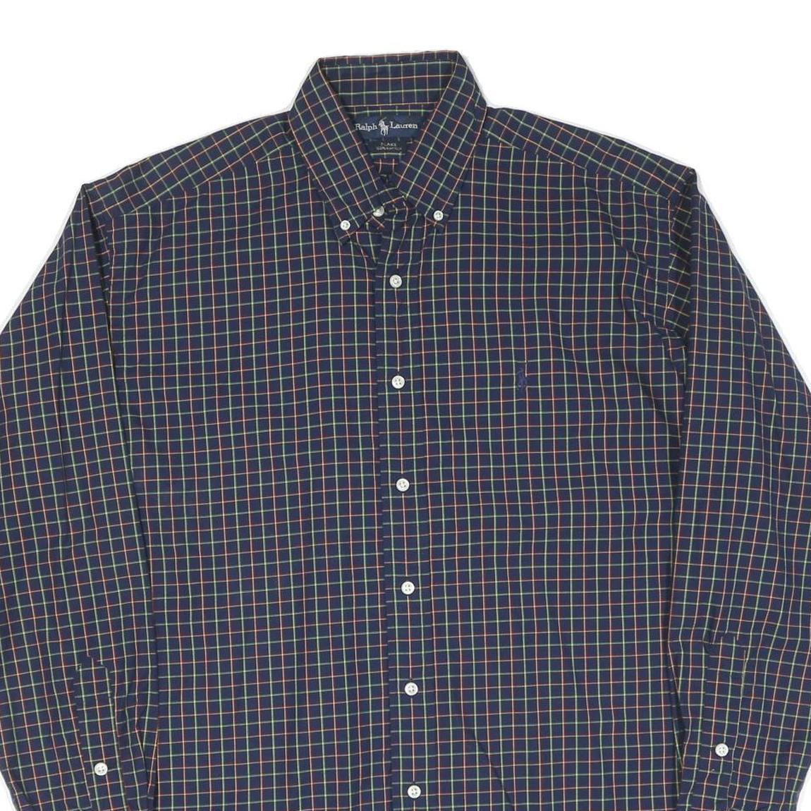RALPH LAUREN Mens Blue Check Shirt M Button Down Cotton Blend Classic Fit Long