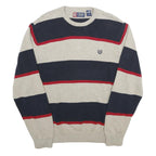 CHAPS Mens Cream & Navy Striped Cotton Jumper Crew Neck Basic Knit L