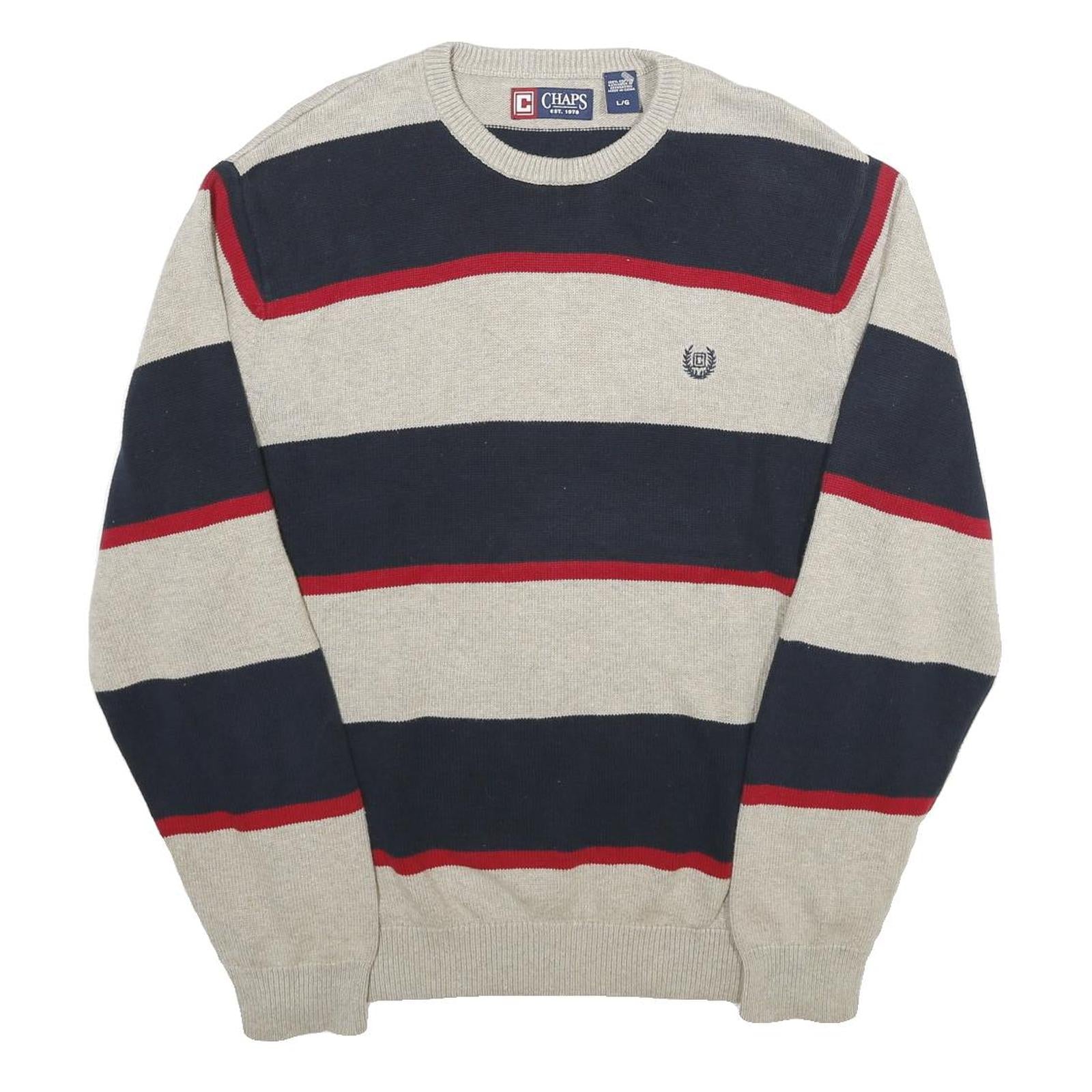 CHAPS Mens Cream & Navy Striped Cotton Jumper Crew Neck Basic Knit L