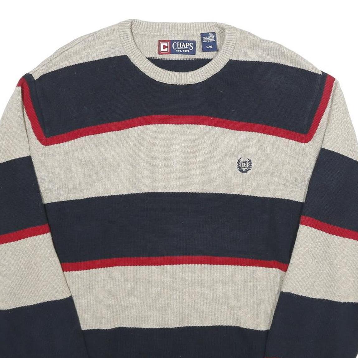 CHAPS Mens Cream & Navy Striped Cotton Jumper Crew Neck Basic Knit L
