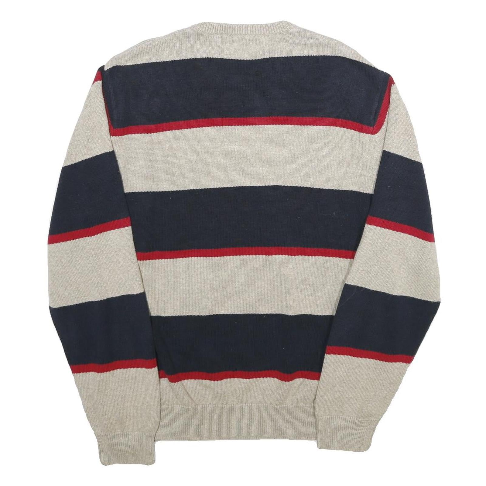 CHAPS Mens Cream & Navy Striped Cotton Jumper Crew Neck Basic Knit L