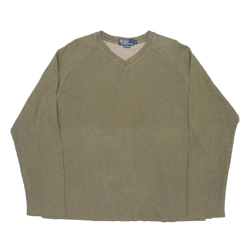 POLO RALPH LAUREN Womens Olive Plain Cotton Jumper V-Neck Basic Knit L Casual