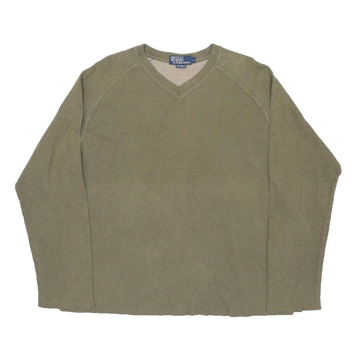 POLO RALPH LAUREN Womens Olive Plain Cotton Jumper V-Neck Basic Knit L Casual
