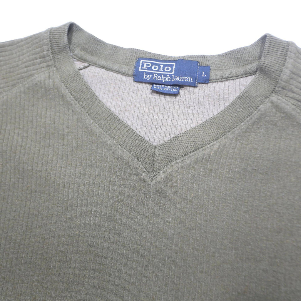 POLO RALPH LAUREN Womens Olive Plain Cotton Jumper V-Neck Basic Knit L Casual