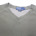 POLO RALPH LAUREN Womens Olive Plain Cotton Jumper V-Neck Basic Knit L Casual