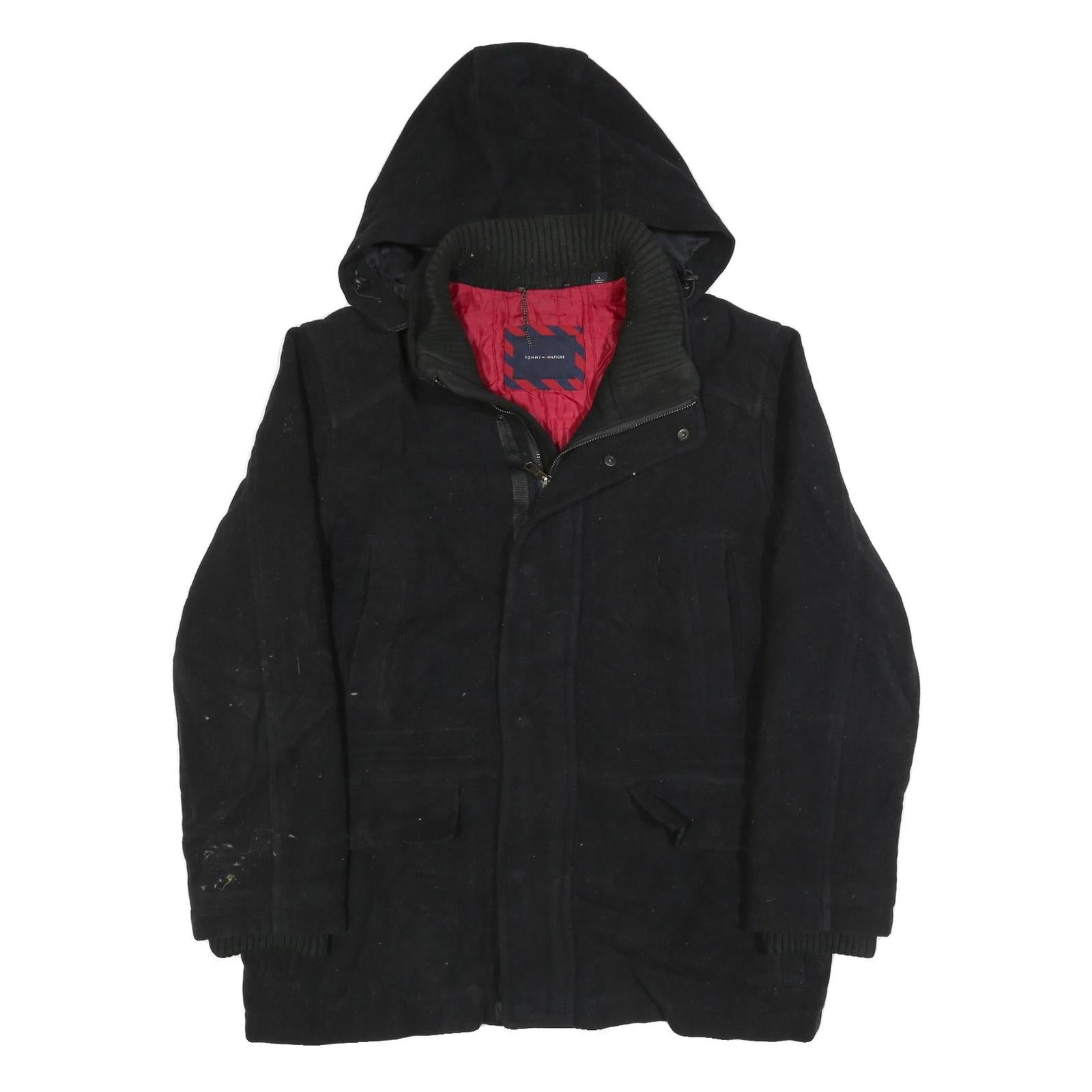 TOMMY HILFIGER Mens Black Hooded Wool Blend Zip Jacket L Outerwear Classic