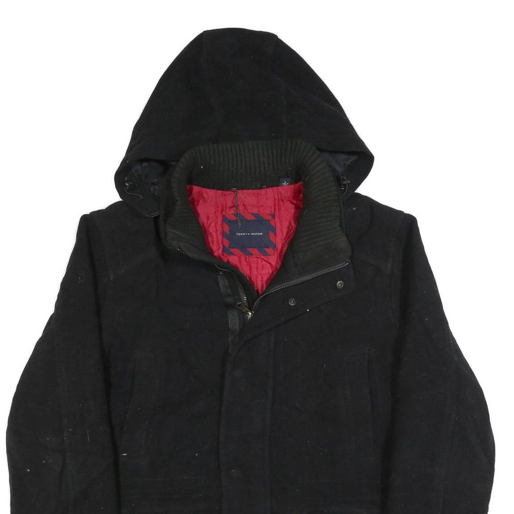 TOMMY HILFIGER Mens Black Hooded Wool Blend Zip Jacket L Outerwear Classic