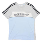 ADIDAS Boys Grey & Light Blue Colour Block T-Shirt 15-16Y Short Sleeve Crew Neck