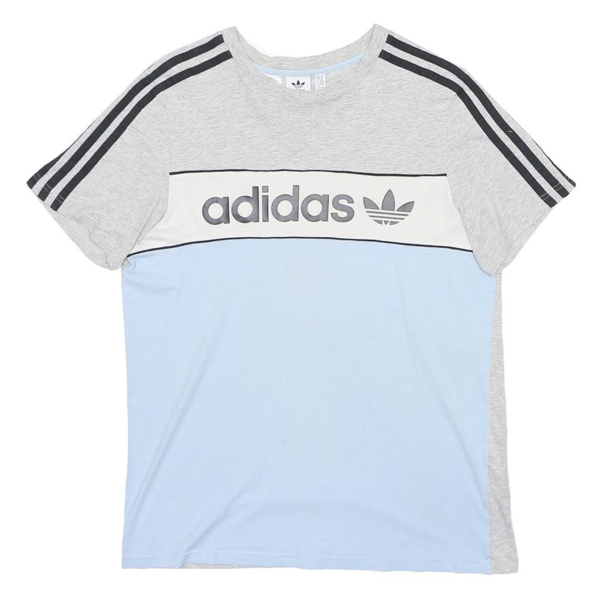 ADIDAS Boys Grey & Light Blue Colour Block T-Shirt 15-16Y Short Sleeve Crew Neck