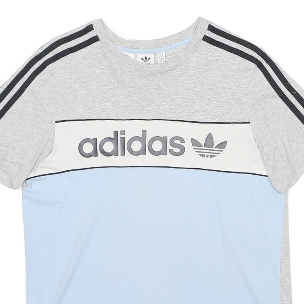 ADIDAS Boys Grey & Light Blue Colour Block T-Shirt 15-16Y Short Sleeve Crew Neck