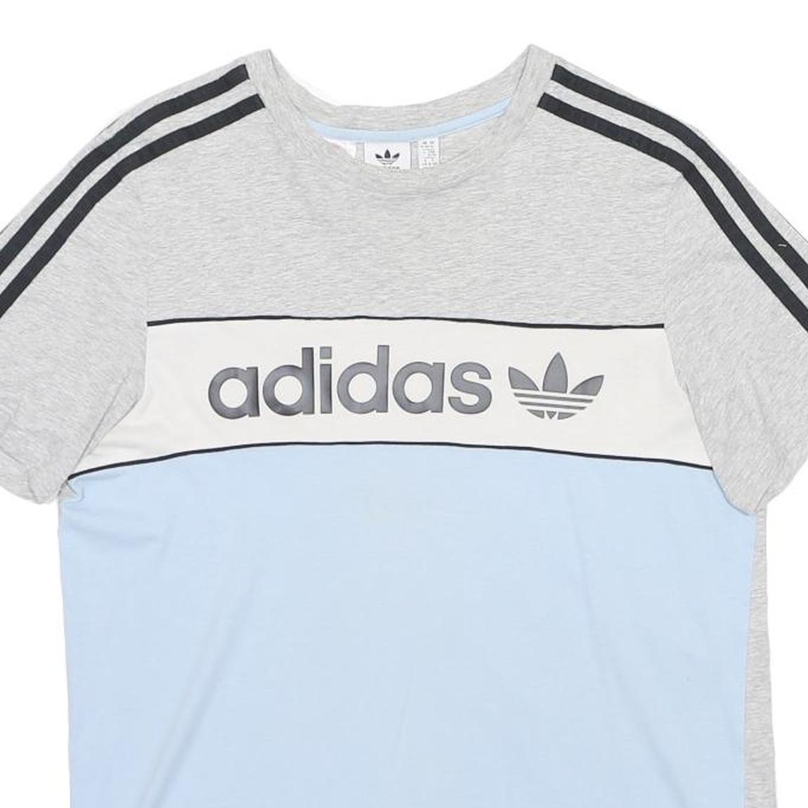 ADIDAS Boys Grey & Light Blue Colour Block T-Shirt 15-16Y Short Sleeve Crew Neck