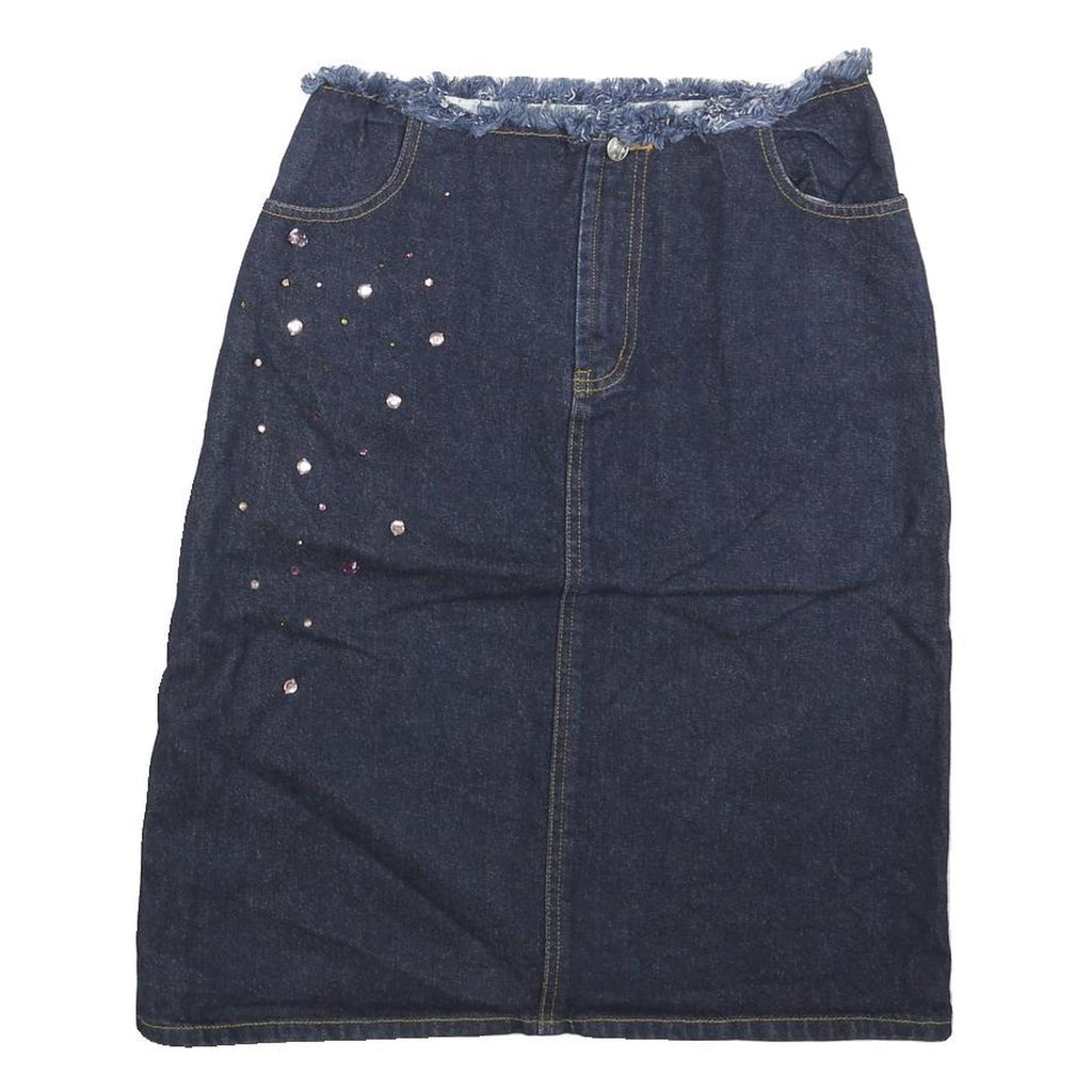 MISS K Womens Blue Denim Embellished Mini Cotton Blend Skirt S Frayed Waist
