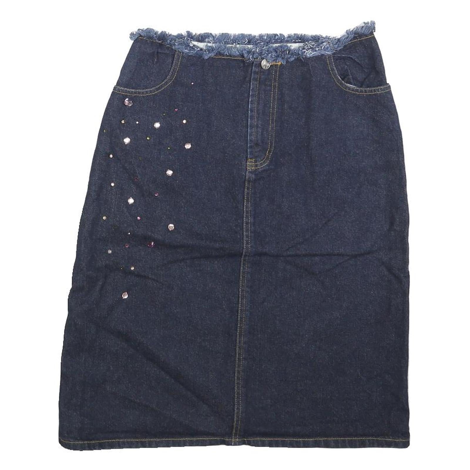 MISS K Womens Blue Denim Embellished Mini Cotton Blend Skirt S Frayed Waist