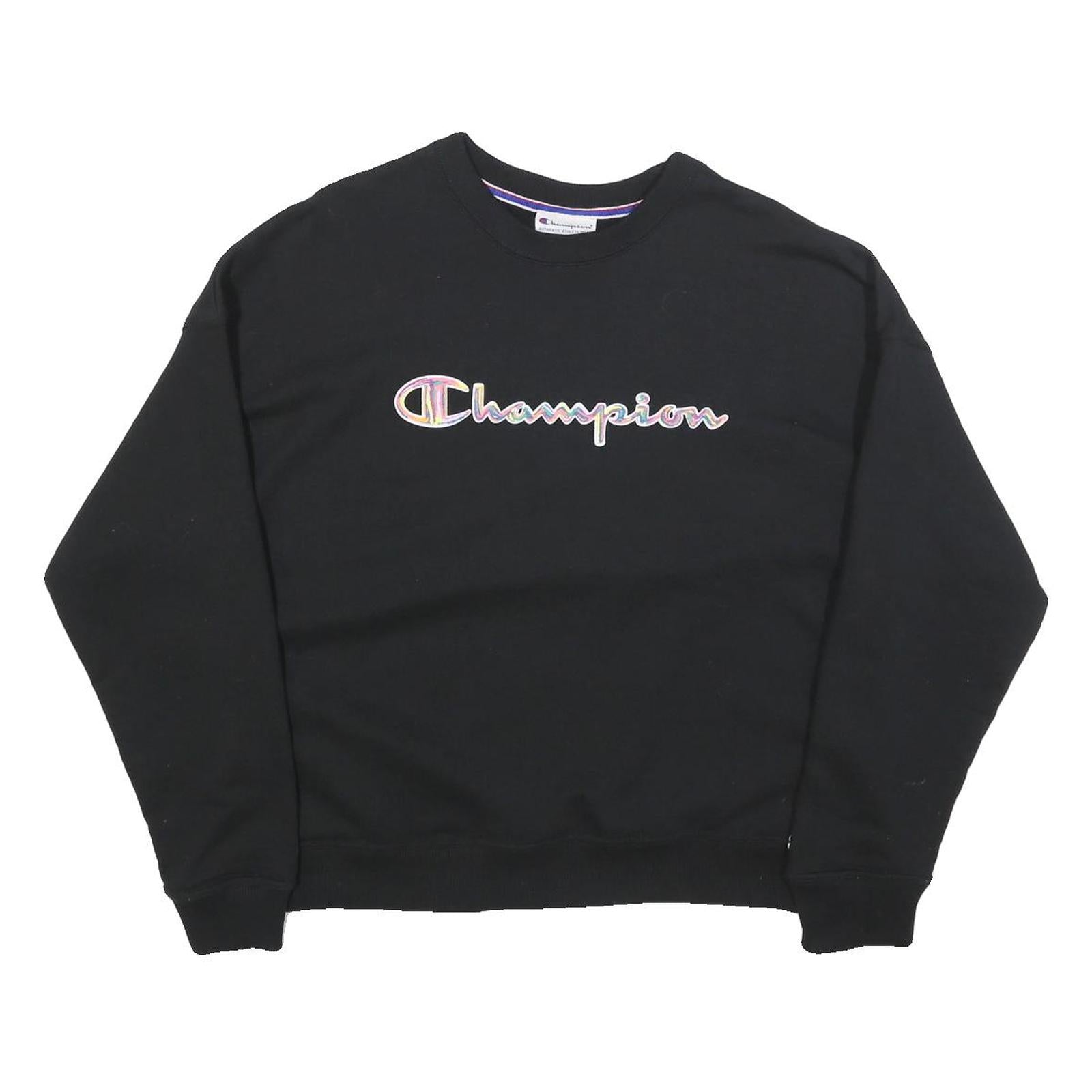 CHAMPION Womens Black Pullover Sweatshirt L Embroidered Logo Crew Neck