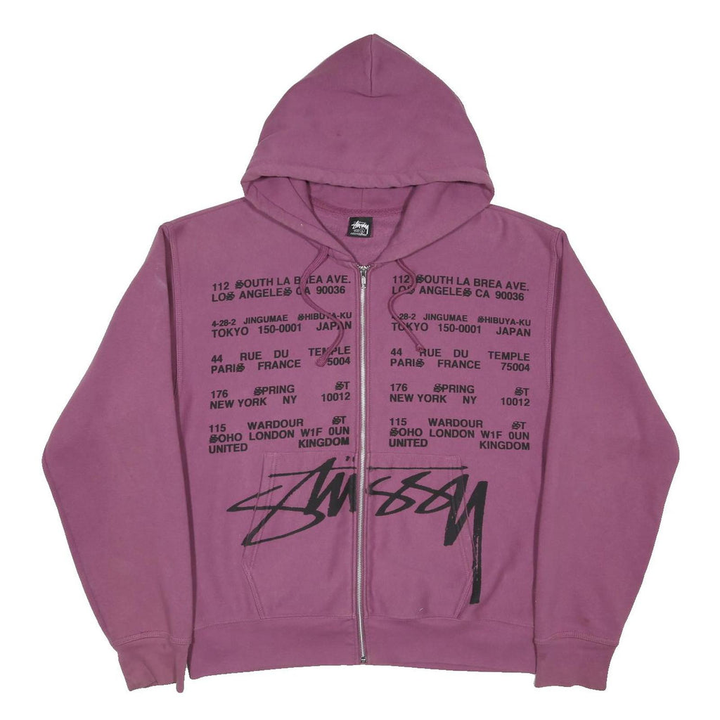 STUSSY Locations Mens Purple Zip Hoodie L Polycotton Full Zip Sweatshirt