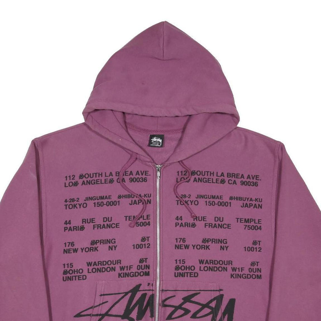 STUSSY Locations Mens Purple Zip Hoodie L Polycotton Full Zip Sweatshirt