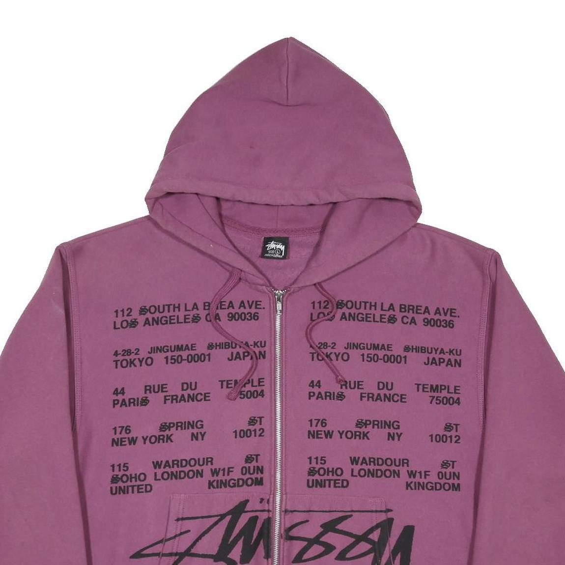 STUSSY Locations Mens Purple Zip Hoodie L Polycotton Full Zip Sweatshirt