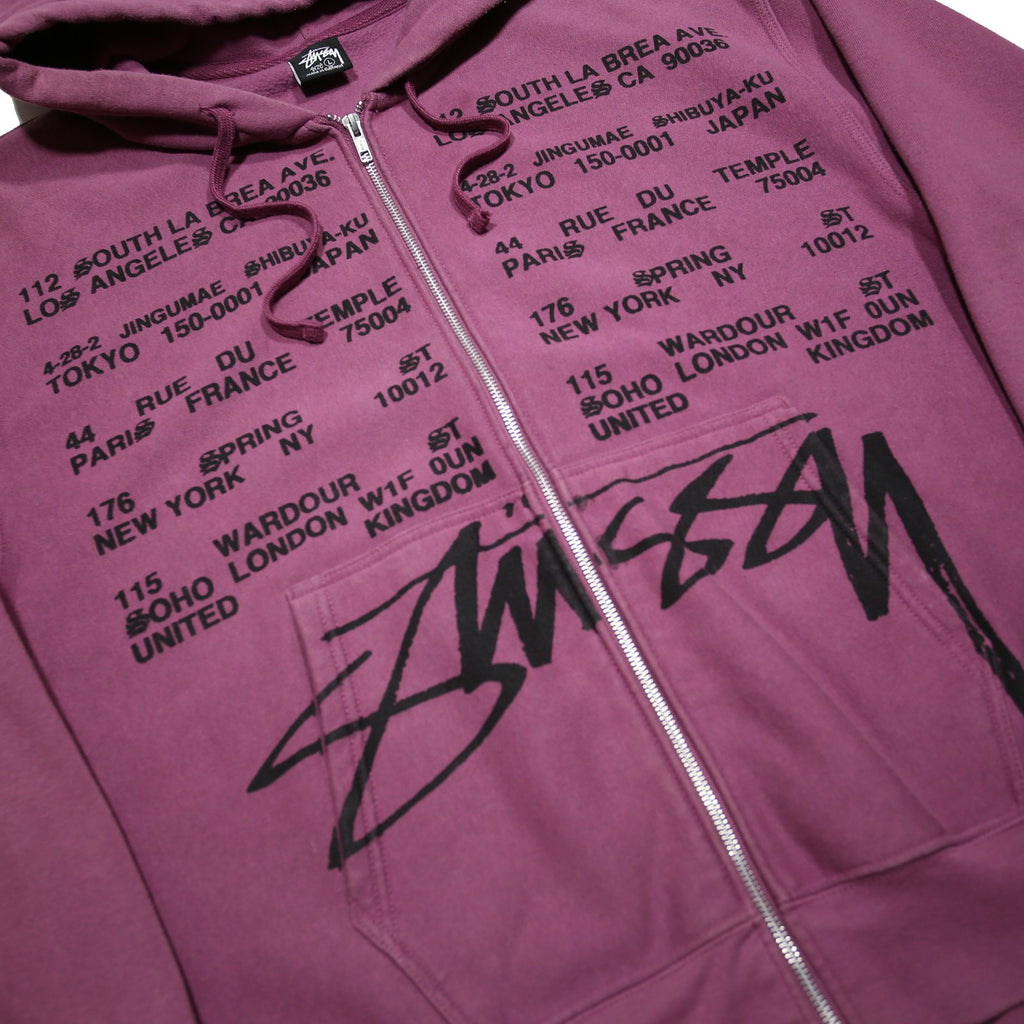 STUSSY Locations Mens Purple Zip Hoodie L Polycotton Full Zip Sweatshirt