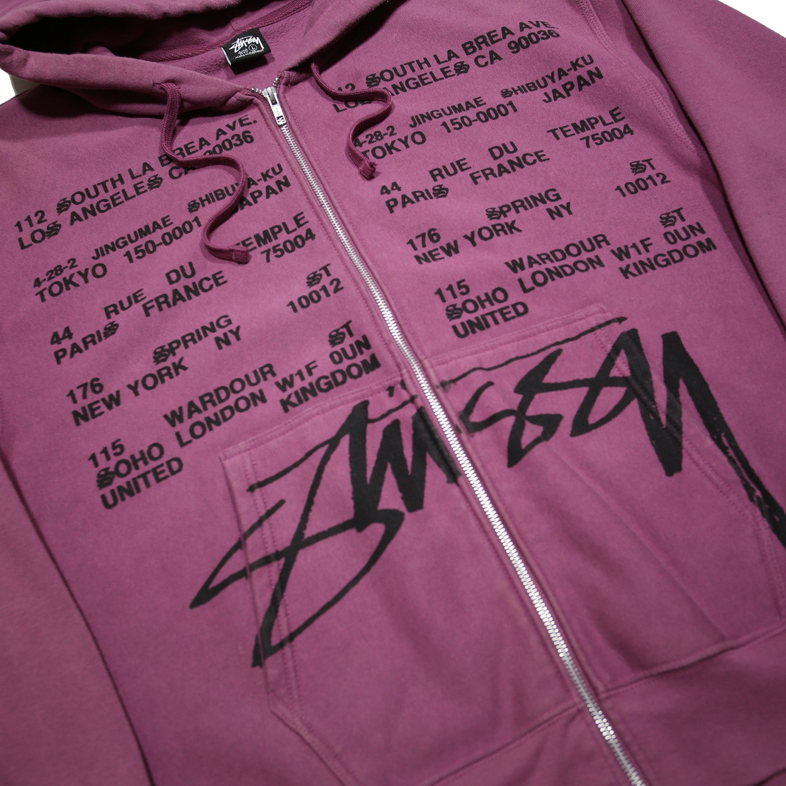 STUSSY Locations Mens Purple Zip Hoodie L Polycotton Full Zip Sweatshirt