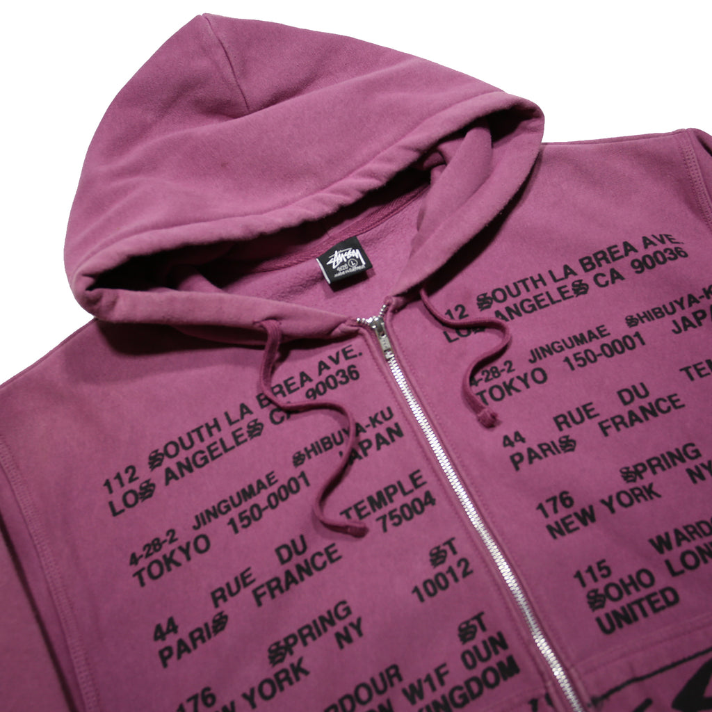 STUSSY Locations Mens Purple Zip Hoodie L Polycotton Full Zip Sweatshirt