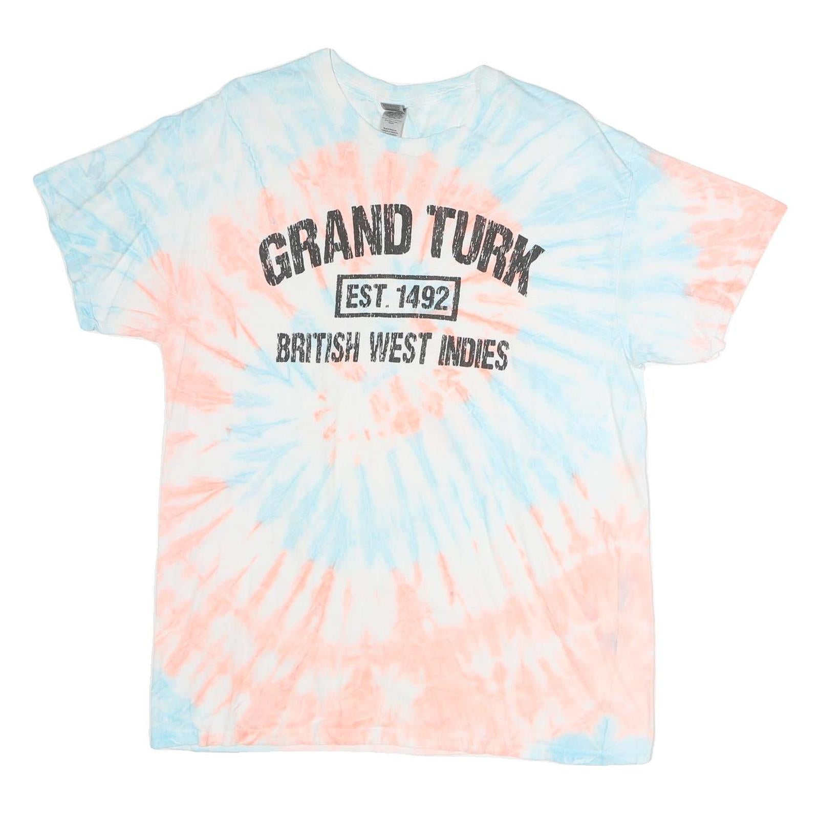 GILDAN Mens Blue & Pink Tie Dye T-Shirt L Short Sleeve Crew Neck Grand Turk