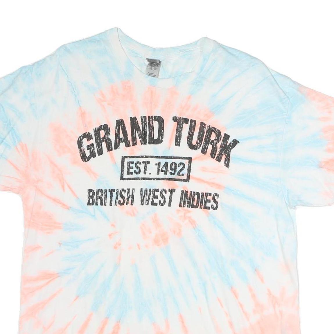 GILDAN Mens Blue & Pink Tie Dye T-Shirt L Short Sleeve Crew Neck Grand Turk
