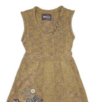 DESIGUAL Womens Beige Acrylic Sleeveless Knit Mini Dress L Floral Applique