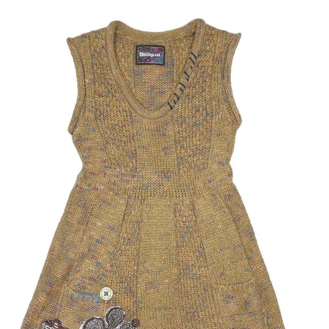 DESIGUAL Womens Beige Acrylic Sleeveless Knit Mini Dress L Floral Applique