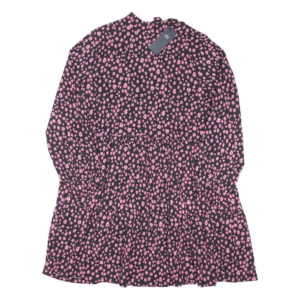M&S Womens Black & Pink Floral Day Woven Dress Long Sleeve Midi UK 18