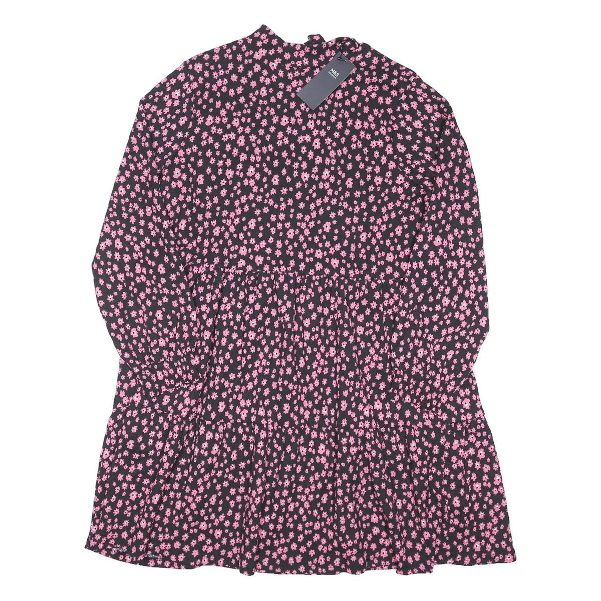 M&S Womens Black & Pink Floral Day Woven Dress Long Sleeve Midi UK 18