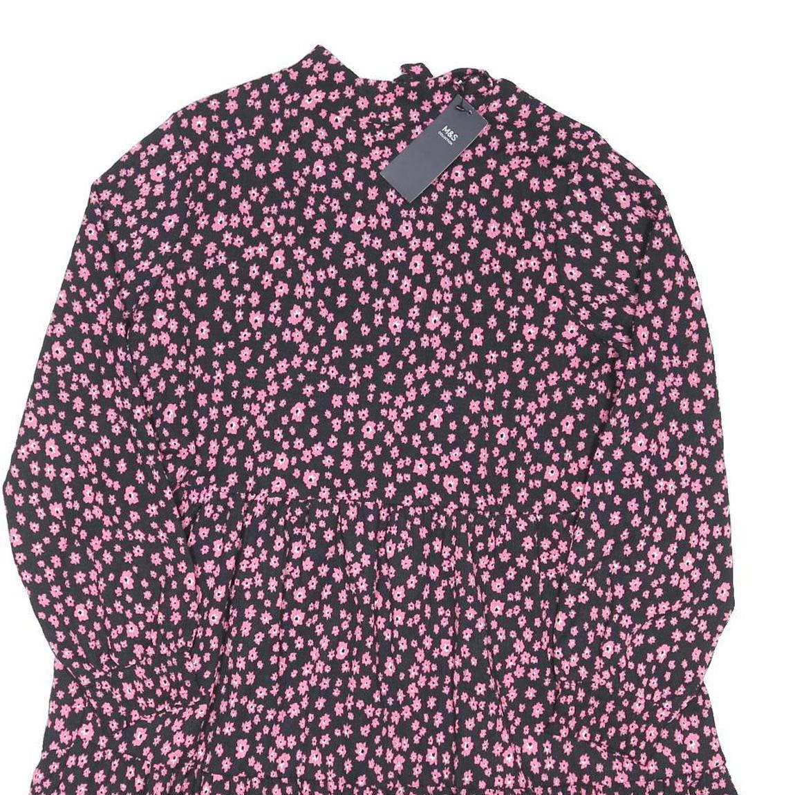 M&S Womens Black & Pink Floral Day Woven Dress Long Sleeve Midi UK 18