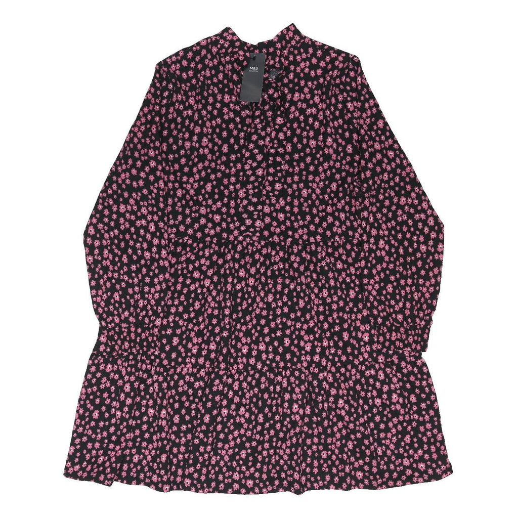 M&S Womens Black & Pink Floral Day Woven Dress Long Sleeve Midi UK 18