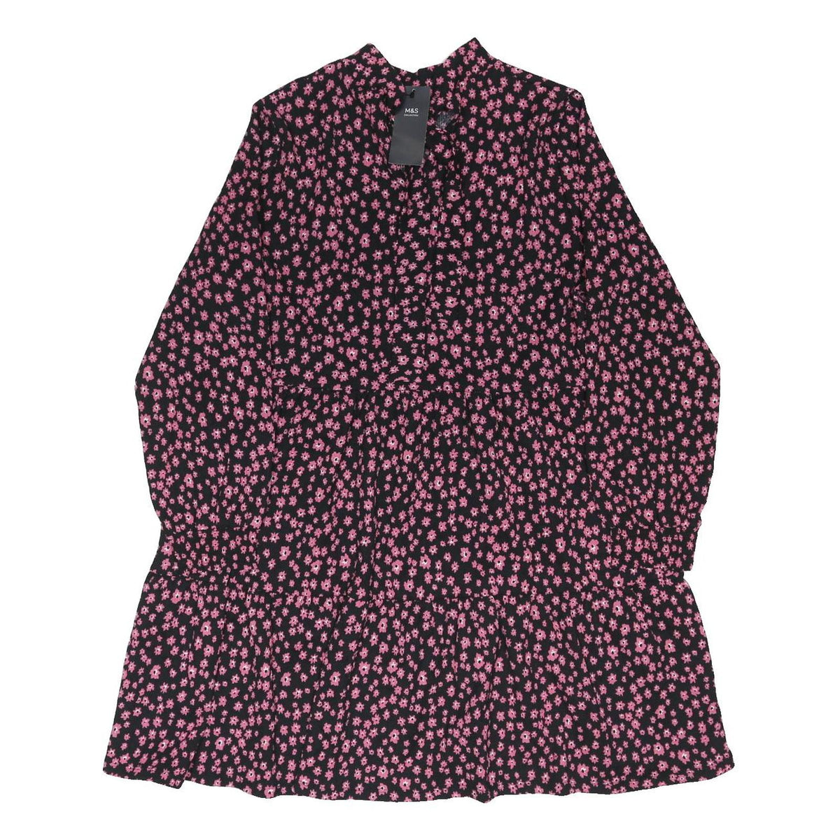M&S Womens Black & Pink Floral Day Woven Dress Long Sleeve Midi UK 18