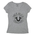 TRUE RELIGION Womens Grey Graphic T-Shirt M Short Sleeve V-Neck Cotton Blend