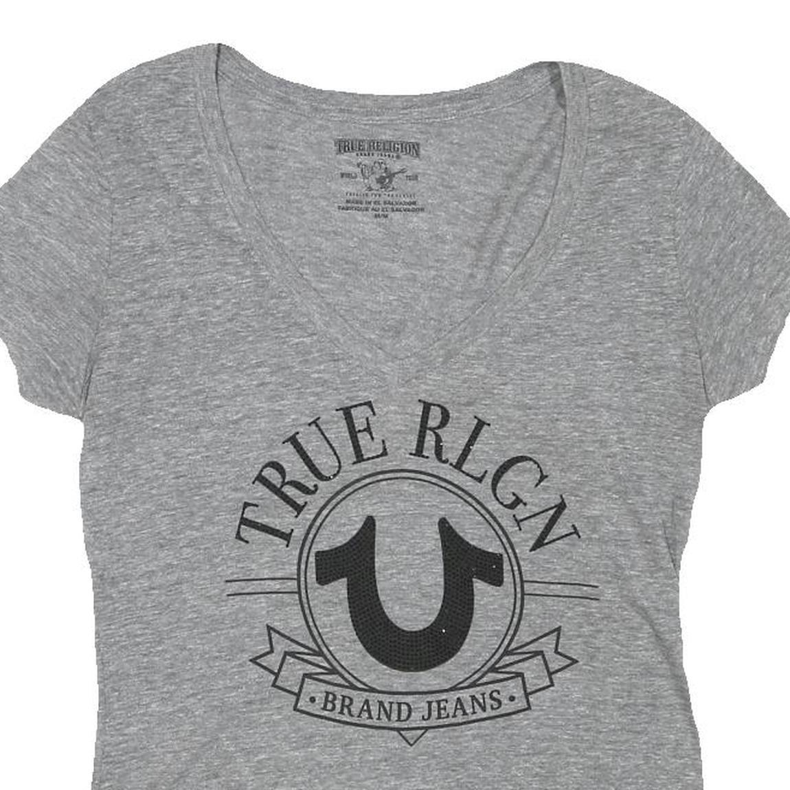 TRUE RELIGION Womens Grey Graphic T-Shirt M Short Sleeve V-Neck Cotton Blend