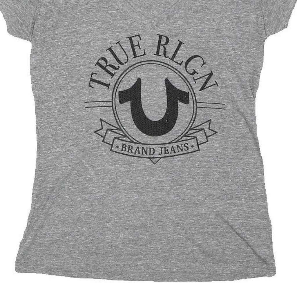 TRUE RELIGION Womens Grey Graphic T-Shirt M Short Sleeve V-Neck Cotton Blend