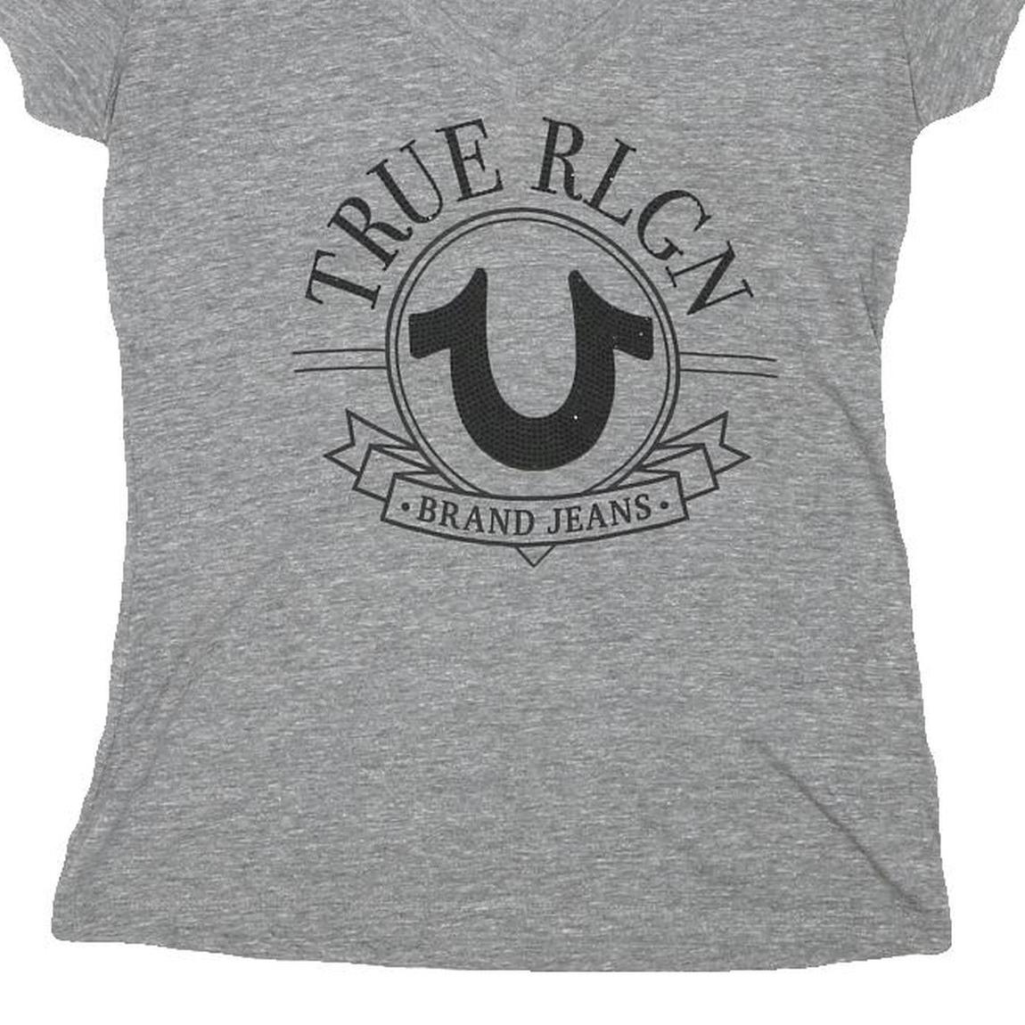 TRUE RELIGION Womens Grey Graphic T-Shirt M Short Sleeve V-Neck Cotton Blend