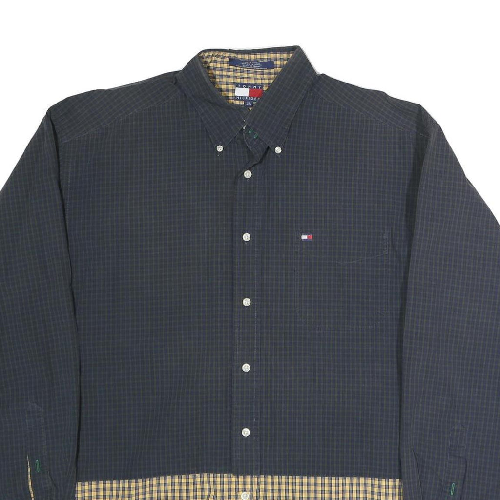 TOMMY HILFIGER Mens Navy & Yellow Check Shirt XL Button Down Cotton Casual