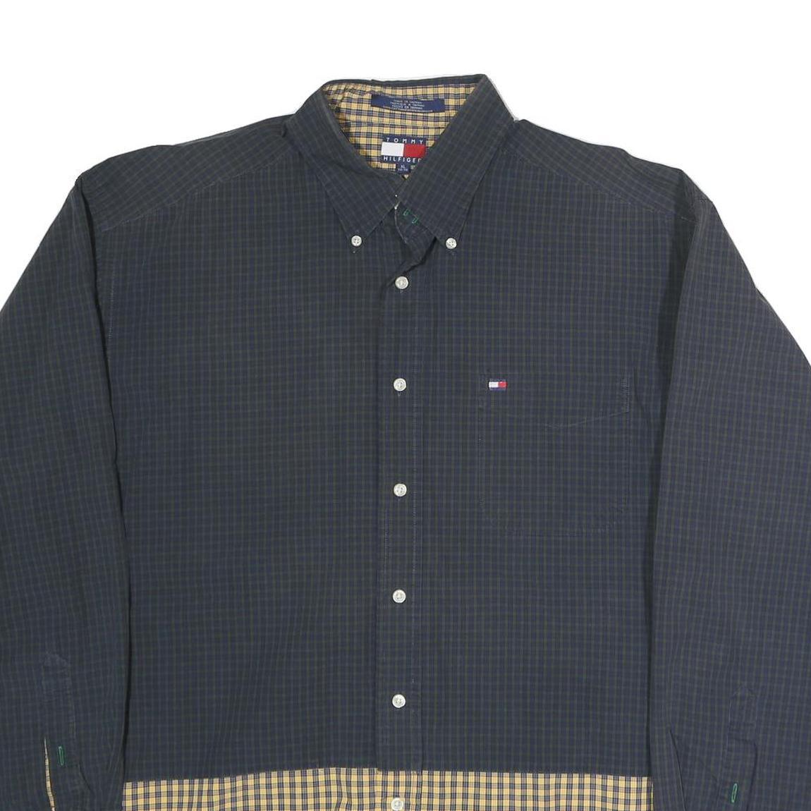 TOMMY HILFIGER Mens Navy & Yellow Check Shirt XL Button Down Cotton Casual
