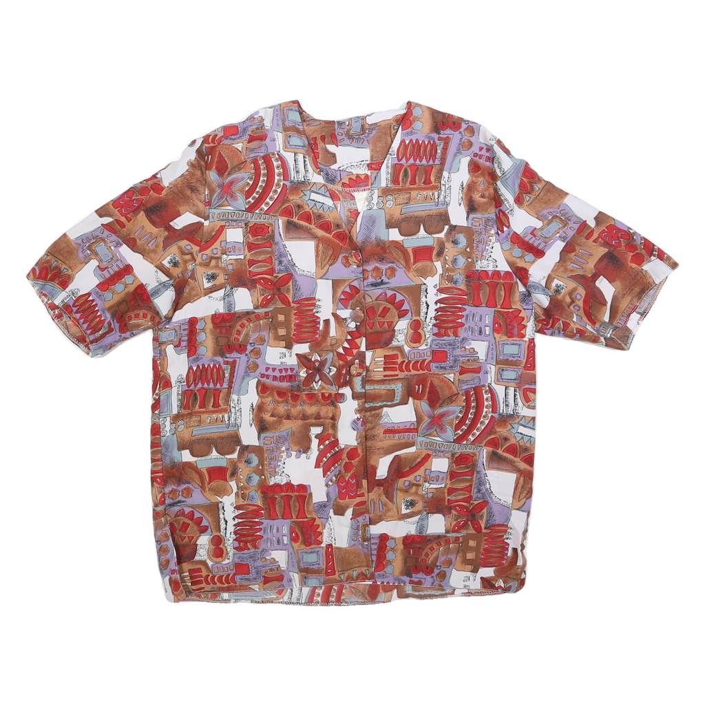 Womens White Brown Red Abstract Print Short Sleeve V-Neck Polyester Top L