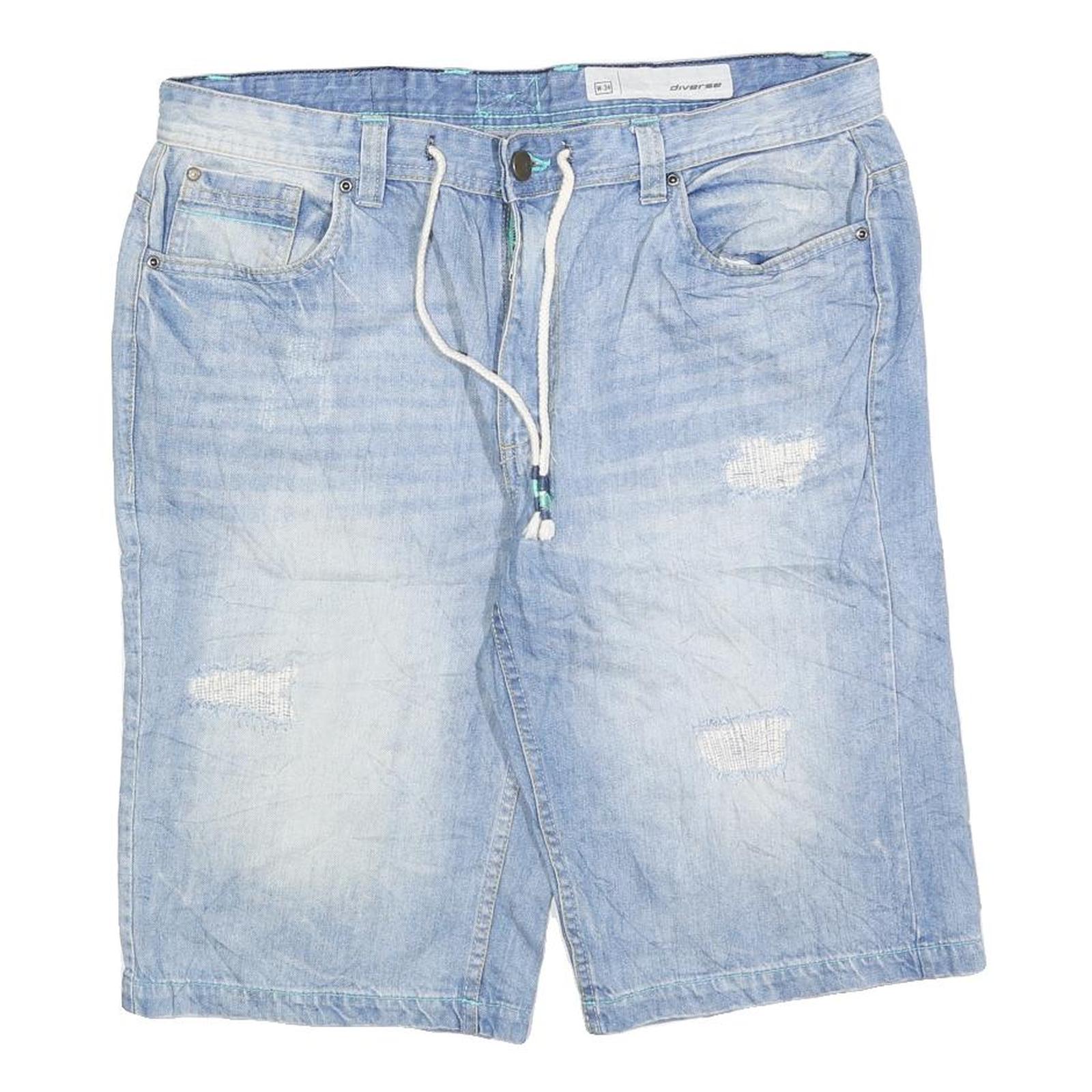 DIVERSE DENIM Mens Light Blue Denim Casual Shorts L W34 Drawstring