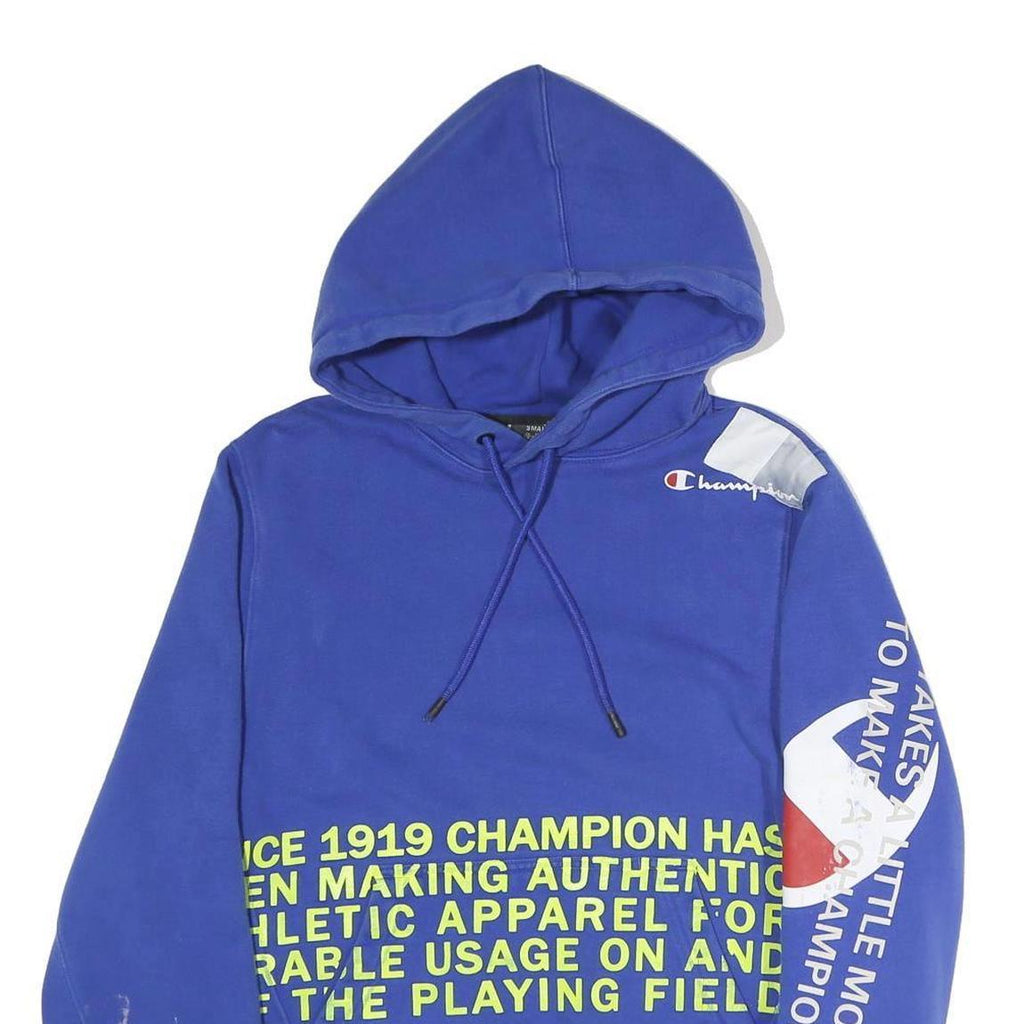 CHAMPION Mens Blue Cotton Blend Pullover Hoodie S Graphic Print Drawstring