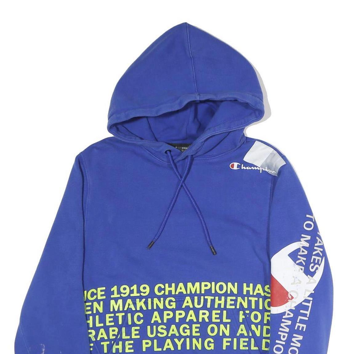 CHAMPION Mens Blue Cotton Blend Pullover Hoodie S Graphic Print Drawstring