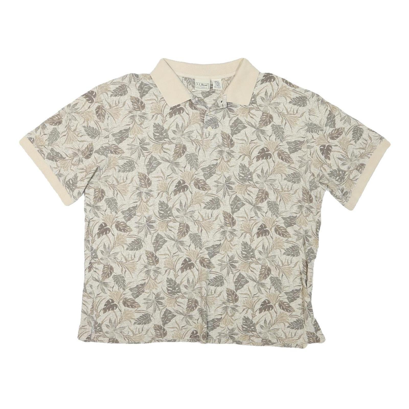 LL BEAN Mens Beige Leaf Print Short Sleeve Polo Shirt XL Cotton Blend Summer