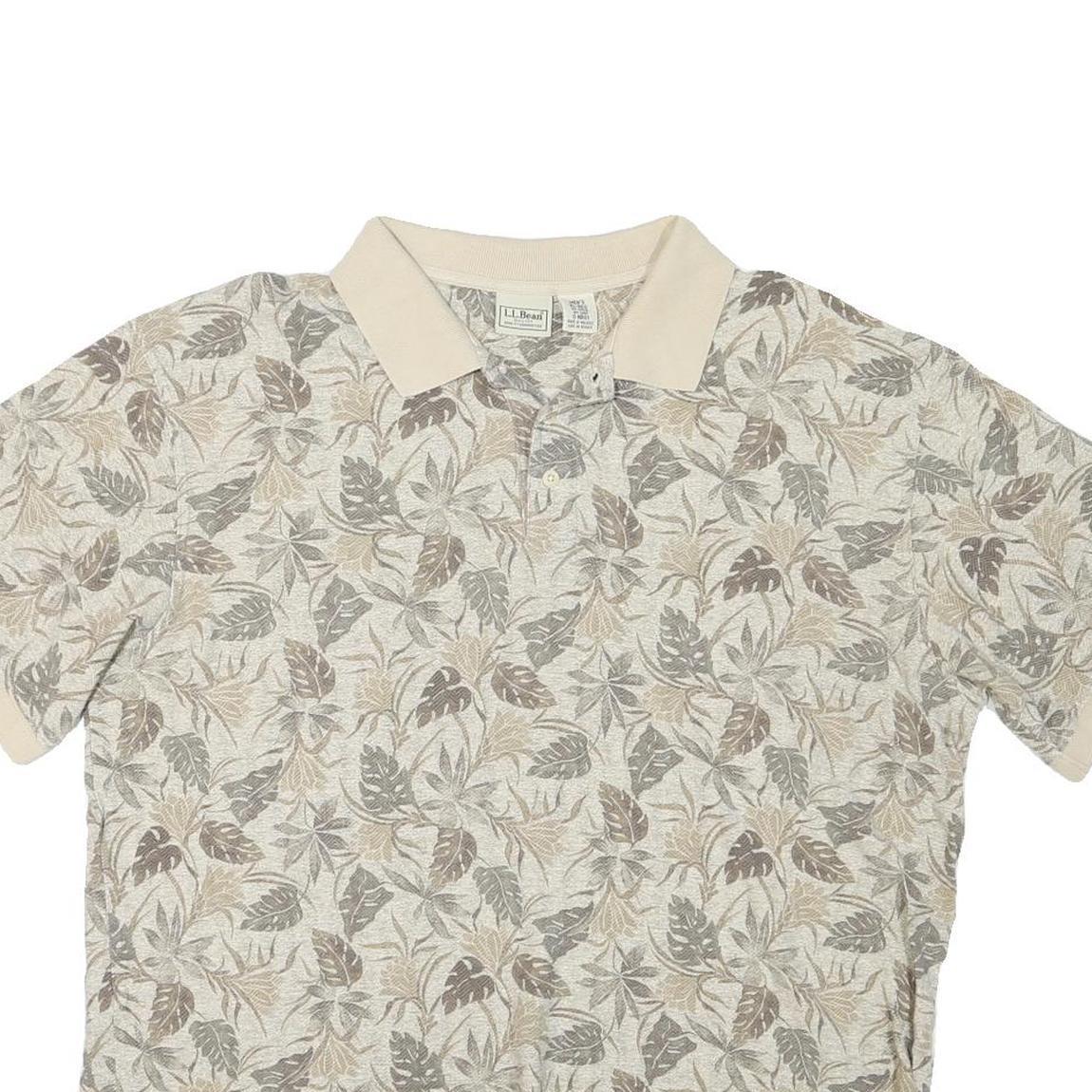 LL BEAN Mens Beige Leaf Print Short Sleeve Polo Shirt XL Cotton Blend Summer