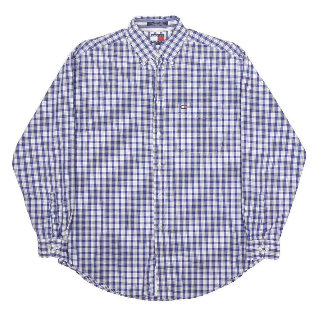 TOMMY HILFIGER Mens Blue & White Check Shirt M Classic Cotton Button-Down Long