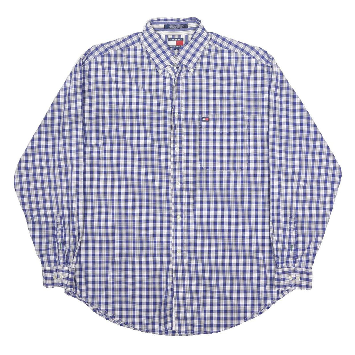 TOMMY HILFIGER Mens Blue & White Check Shirt M Classic Cotton Button-Down Long
