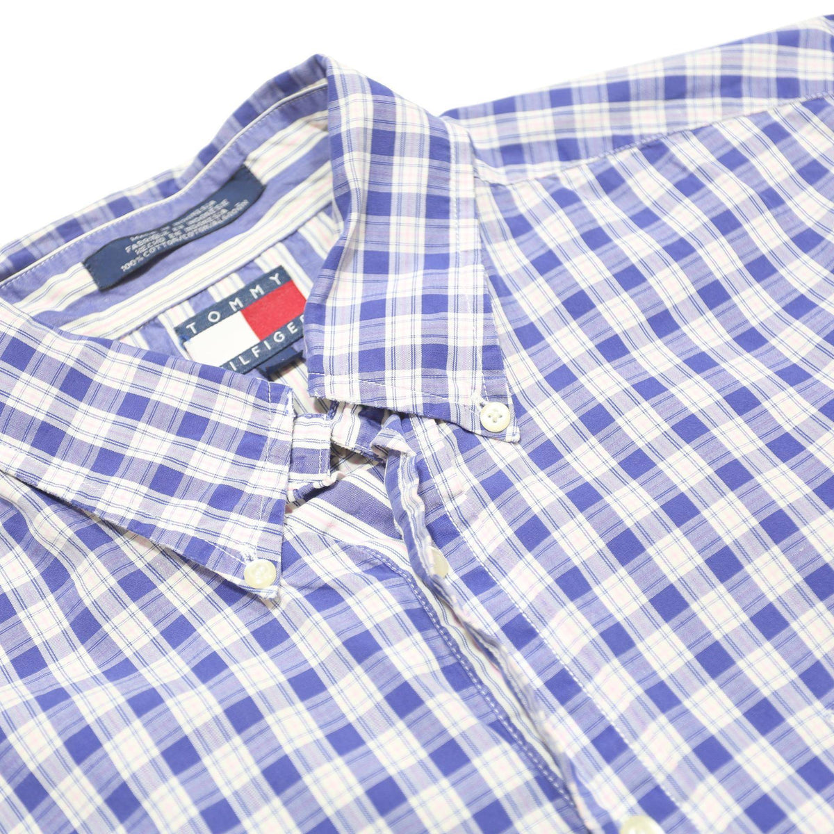 TOMMY HILFIGER Mens Blue & White Check Shirt M Classic Cotton Button-Down Long